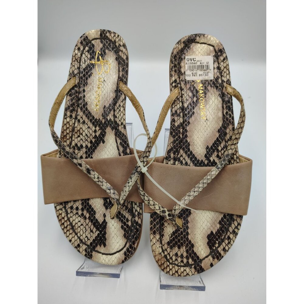 B. Makowsky Women's Snake Print Thong Sandals Size 8.5 Beige & Brown Strappy Des - Picture 3 of 4